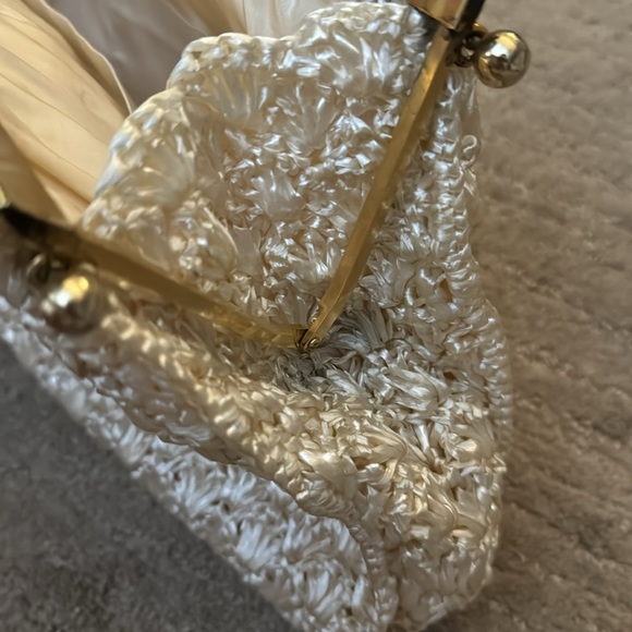 Vintage Large Woven Raffia Top Handle Ivory Cream Granny Core Handbag - Picture 9 of 14